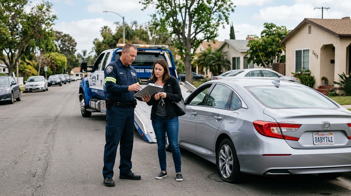 El Paso tow operator and customer discussing service options on a freeway shoulder