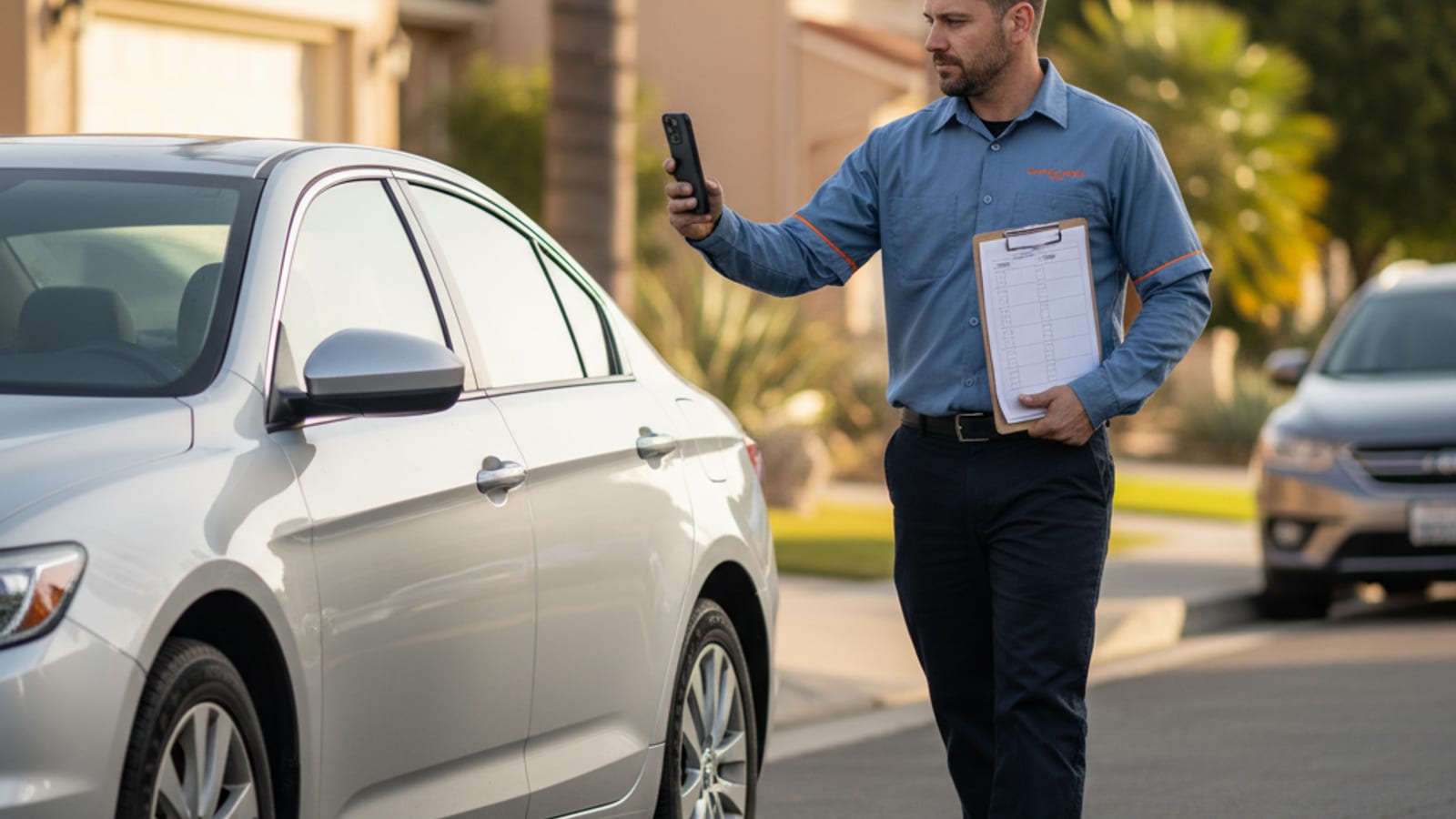 Driver walking around their vehicle making notes before a scheduled tow in an El Paso residential street