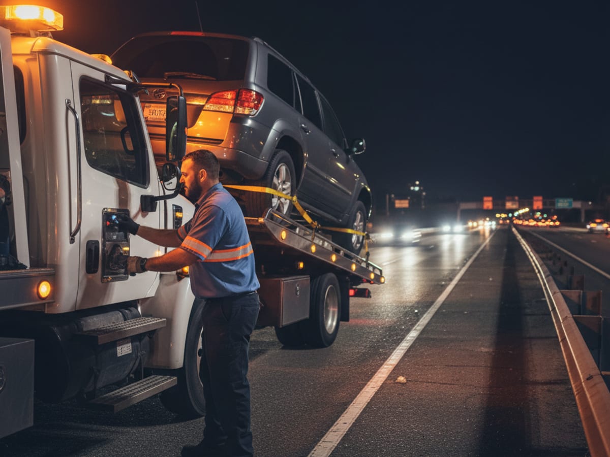 Quick Tow El Paso flatbed driver loading a disabled SUV on an El Paso freeway shoulder at night