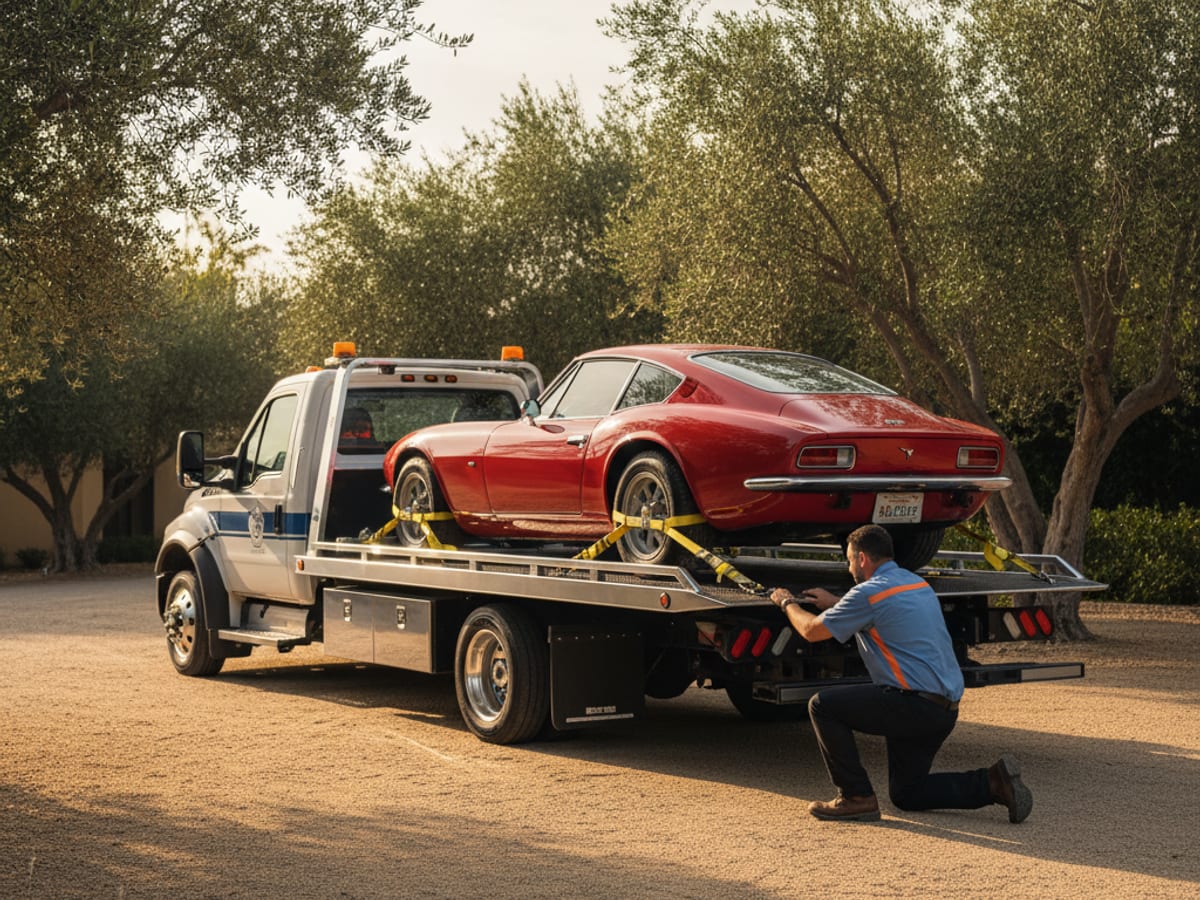 Quick Tow El Paso low-clearance flatbed carefully loading a classic Porsche with soft-tie wheel nets