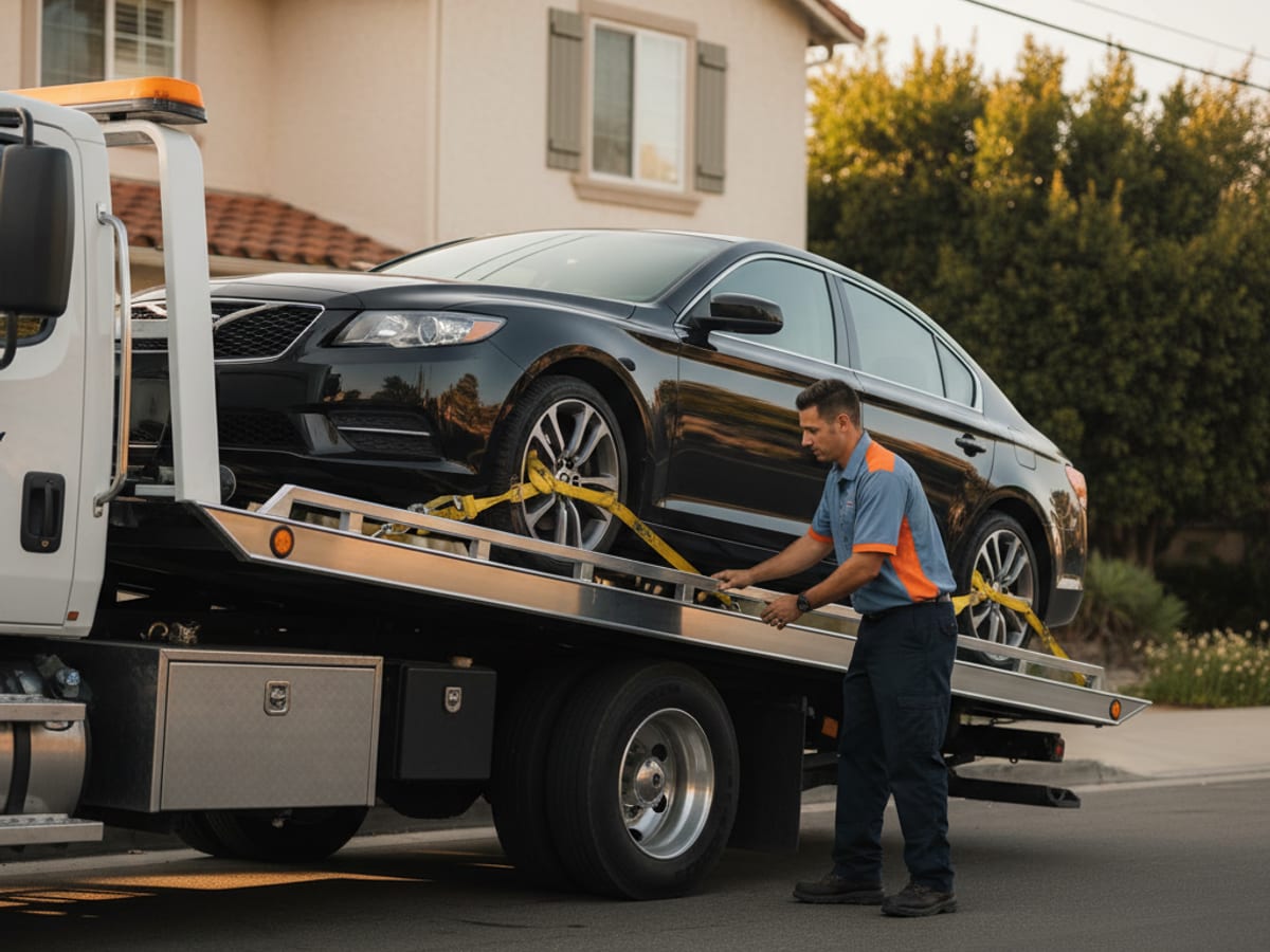 Quick Tow El Paso rollback flatbed loading a Tesla with soft straps in an El Paso residential street
