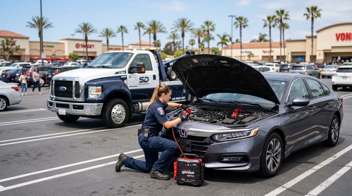 Quick Tow El Paso driver connecting a commercial jump pack to a dead battery in an El Paso parking lot during daylight