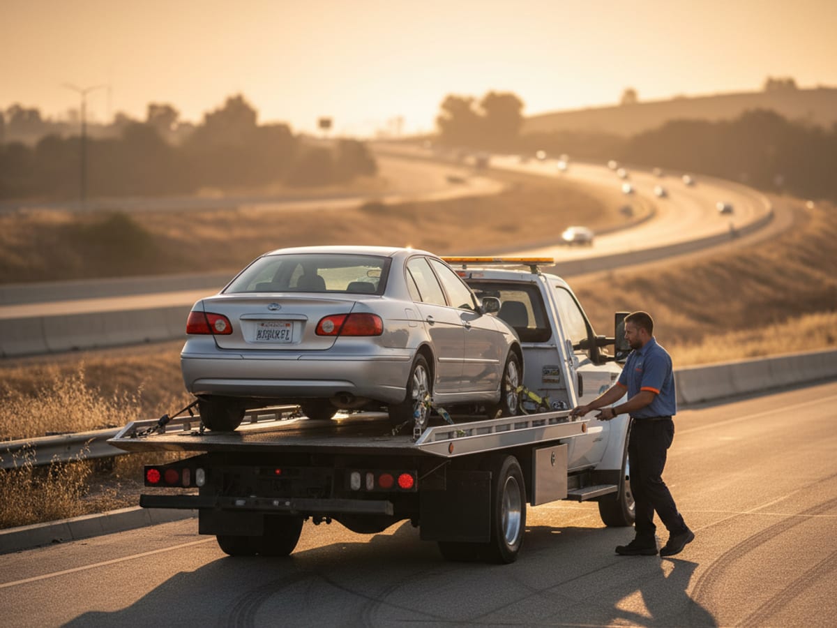 Quick Tow El Paso flatbed driver preparing for a long-distance interstate tow at sunrise