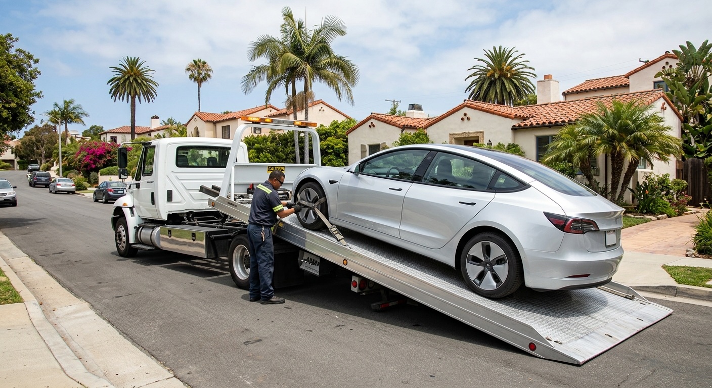 Quick Tow El Paso flatbed loading a Tesla Model 3 with soft straps in an El Paso residential street, charge port closed and Transport Mode engaged
