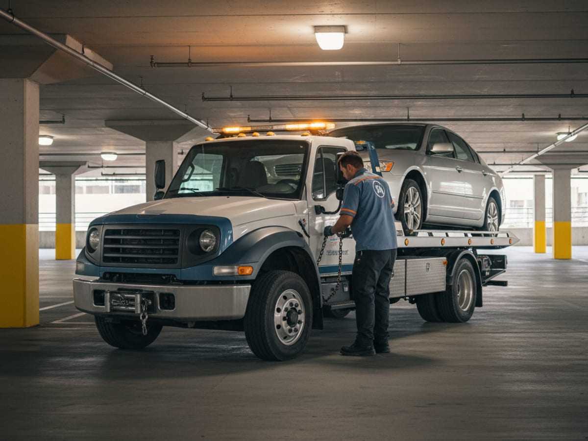 Quick Tow El Paso wheel-lift truck hooking a Honda sedan in a Downtown El Paso parking garage